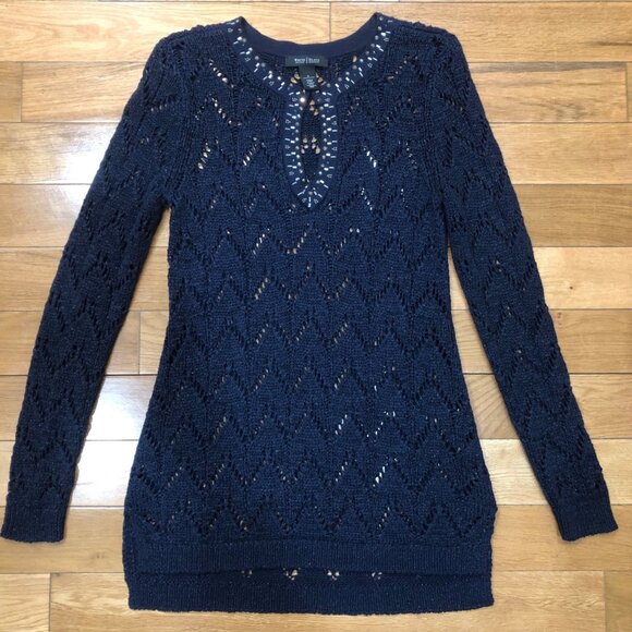 White House Black Market Studded Neckline Long Sleeve Navy Lace Sweater Size S - Picture 7 of 10
